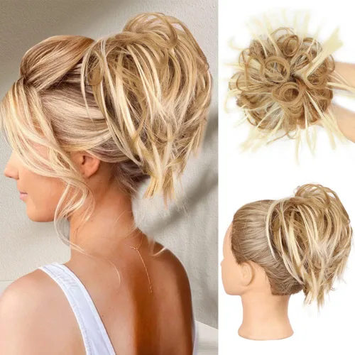Miniatura 44 de HMD - Extensiones de cabello tipo chongo alborotado con rodelo despeinado, banda elástica de goma, extensiones de cabello sintético para mujer