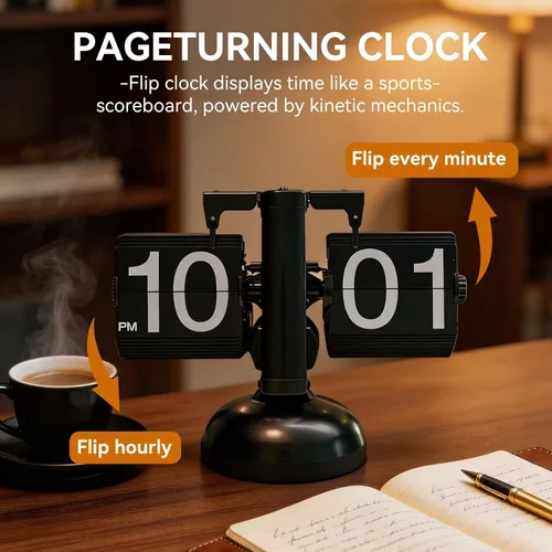 Miniatura 5 de HERCHR Reloj con tapa retro, reloj digital automático con función de página mecánica, reloj de escritorio retro digital abatible, funciona con Negro