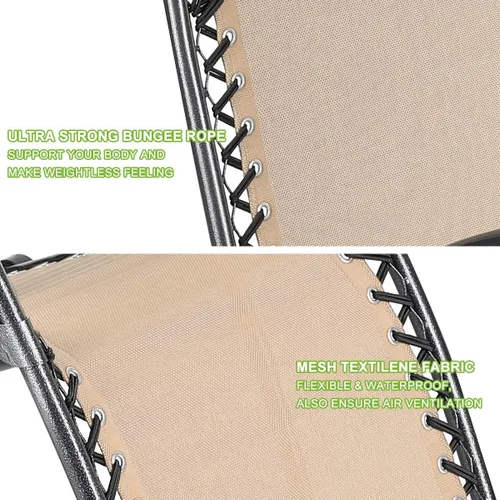 Miniatura 7 de Juego de 4 sillas reclinables de gravedad cero de malla de acero para acampar al aire libre con reposapiés, ajustable, almohada, bandeja, beige