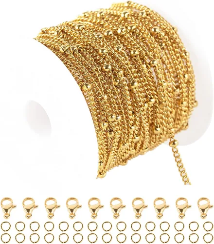 Miniatura 11 de Cadenas chapadas en oro a granel, cadena de trigo de acero inoxidable 304 con anillos de salto y cierres de langosta, collar para hombres y mujeres