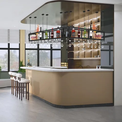 Miniatura 5 de Estante de techo para copas de vino, estante colgante para vino con soporte para vidrio y estante, soporte para botellas de vino colgante industrial