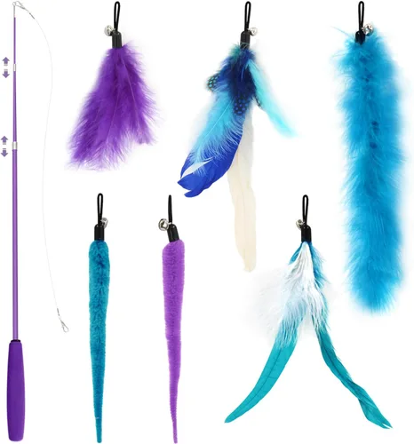 Miniatura 8 de SONGWAY Juego de juguetes interactivos de plumas para gatos, varita retráctil con 6 recambios de plumas con campana, juguetes de varita para gatos