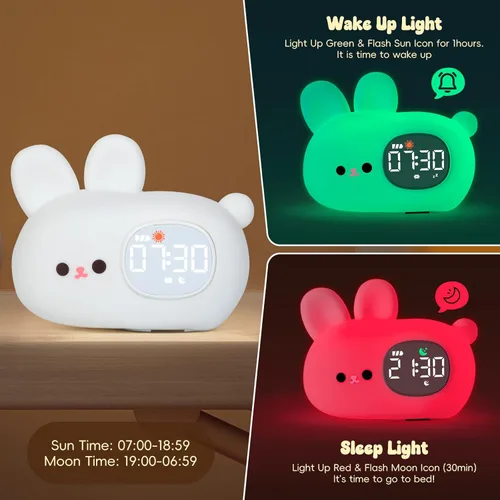 Miniatura 3 de Reloj despertador de conejo con luz nocturna para niños con entrenamiento del sueño y máquina de sonido, lámpara de silicona recargable