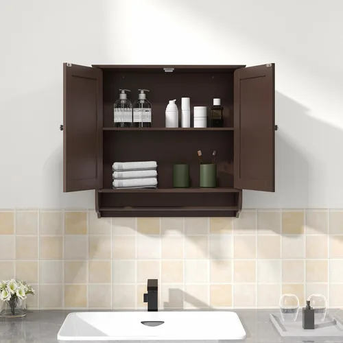 Miniatura 2 de Giantex Armario de baño montado en la pared, botiquín sobre el inodoro con puertas dobles, estante ajustable y barra de toallas, armario