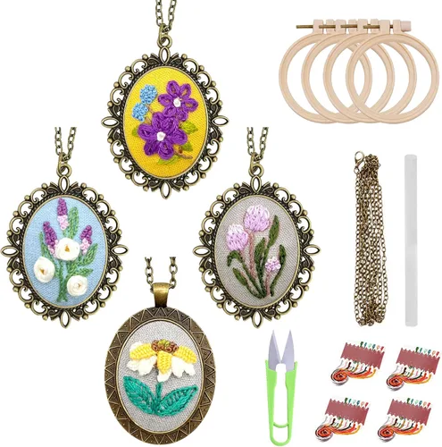 Miniatura 13 de ZOCONE 4 Paquetes de Kits de Collar de Bordado, Kit de Colgante de Bordado Mini Kit de Punto de Cruz con 4 Aros, Collar, Colgante, Tela