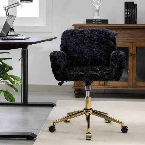 Henf Silla de escritorio tapizada en piel sintética negra para maquillaje con base dorada, silla giratoria de oficina, silla de computadora