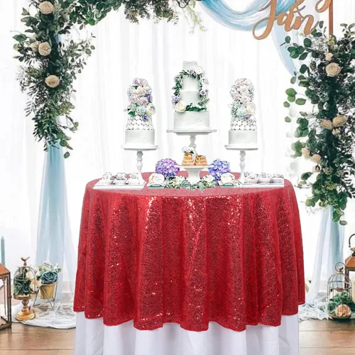 Miniatura 21 de ShinyBeauty Mantel de lentejuelas rosa intenso, superposición redonda brillante de 120 pulgadas para decoración de bodas, fiestas de cumpleaños