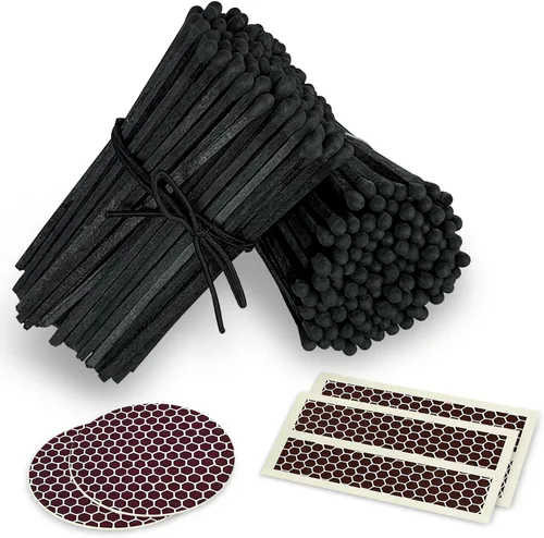 Miniatura 24 de 4" Fósforos Todos Negros en un Frasco + Adhesivos de Mechero Incluidos 100 Fósforos Negros con Punta Negra Decorativos y Seguros con Soporte