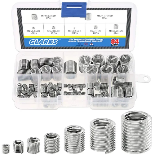 Glarks Juego de 84 piezas de manguito de reparación de roscas de alambre de acero inoxidable 304, métrico M3 M4 M5 M6 M8 M10 M12 funda de acero en
