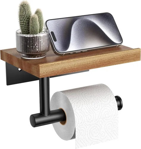 Miniatura 11 de Tindbea Portarrollos de papel higiénico con estante de madera, soporte de rollo de papel higiénico de madera para montaje en pared, accesorios