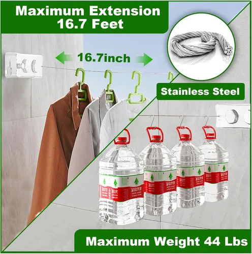 Miniatura 3 de Tendedero retráctil – Línea de lavandería de secado de ropa doble de 16.7 pies para interiores, líneas de ropa retráctiles para colgar ropa al aire