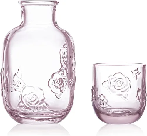 Miniatura 2 de Sizikato Jarra de agua de noche de 15 onzas de cristal rosa en relieve rosa con vaso de cristal. Rosa rosado