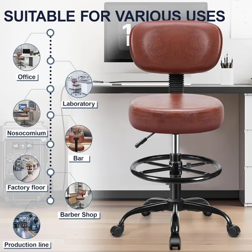 Miniatura 8 de Brick Attic Silla de dibujo con respaldo, taburete ajustable con ruedas, taburete giratorio de piel sintética para oficina, spa, estudio, mostrador
