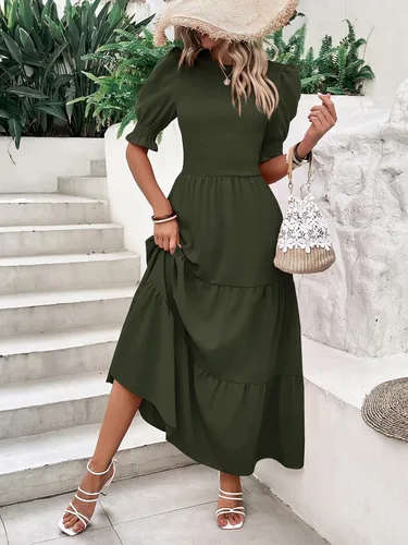 Miniatura 85 de BTFBM Vestidos para mujer, cuello redondo, casual, de verano, con volantes, manga corta, bohemio, con niveles, fruncido, largo, con estampado floral