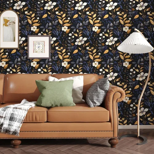 Miniatura 3 de Laatse Papel Tapiz de Hoja Azul/Dorada Despegar y Pegar Papel Tapiz Vintage Floral Oscuro Impermeable Autoadhesivo Removible Boho Papel de Pared