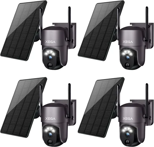 Xega Paquete de 4 cámaras de seguridad inalámbricas para exteriores 2K 360° PTZ Cámaras de seguridad solar 2.4G WiFi videovigilancia con foco y