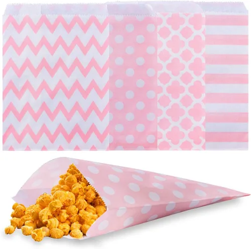 Bolsas de papel biodegradables para galletas de caramelo, bolsas de regalo seguras para alimentos para botín de fiesta, golosinas de bufé, 100 Rosado