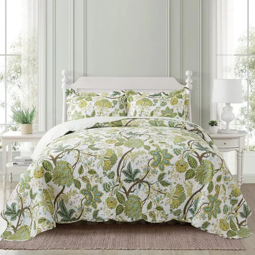 Miniatura 13 de NEWLAKE - Juego de cubrecama reversible con diseño floral a cuadros, tamaño queen Floral a cuadros marrón