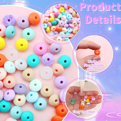 Miniatura 3 de 100 cuentas de lentejas de silicona de 0.47 pulgadas (0.472 in) de goma de ábaco espaciador suelto con cordón de 16.4 ft para pulseras, collares
