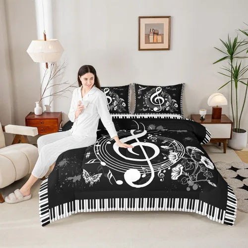 Miniatura 9 de Juego de ropa de cama con música de piano, tamaño matrimonial, juego de edredón de notas musicales en blanco y negro, 3 piezas, silueta de Multi 10