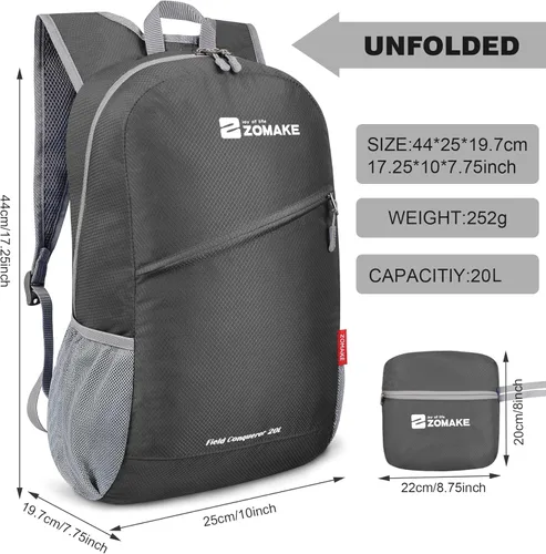 Miniatura 2 de ZOMAKE Mochila ligera y plegable, mochila pequeña para senderismo, resistente al agua, bolsa de día para viajes (gris medio)