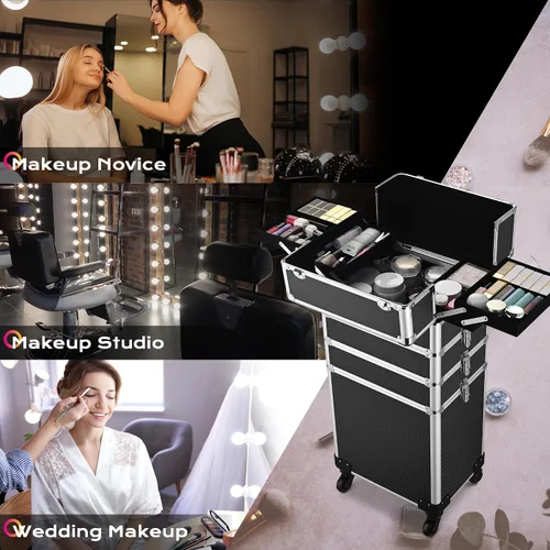 Miniatura 2 de BYOOTIQUE - Estuche de maquillaje clásico negro 4 en 1 con cerradura cosmética para artista de maquillaje, estuche de tren de viaje
