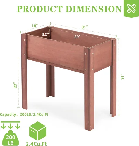 Miniatura 3 de Cama de jardín elevada con patas, 31 x 16 x 31 pulgadas, jardinera elevada de madera para exteriores, patas gruesas, con forro Marrón
