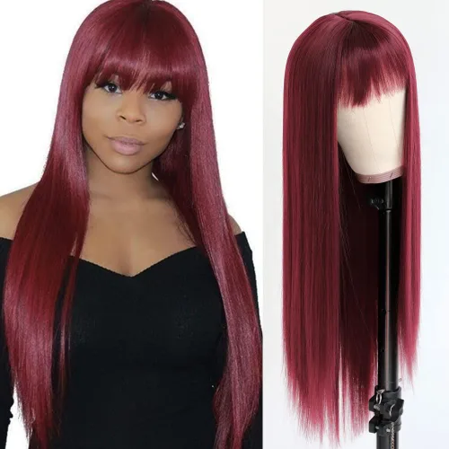 Miniatura 30 de QD-Tizer Pelucas sintéticas de color rubio ceniza con flequillo, pelucas de cabello largo y lacio, sin pegamento, pelucas sintéticas sin encaje