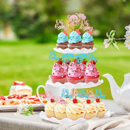 Miniatura 7 de 36 piezas de decoración de cupcakes con lazo rosa y azul para revelación de género, temática de niño o niña, decoración de cupcakes de papel