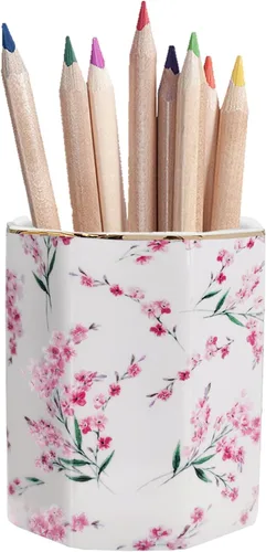 Miniatura 7 de Soporte para bolígrafo para escritorio, con patrón floral, taza de lápices para niñas, niños, organizador de escritorio de cerámica duradero, Rosa