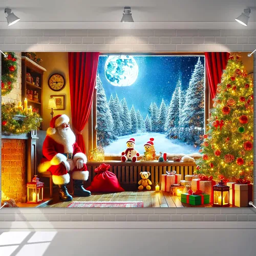 BlissYard Pancarta Navideña para Ventana 71x43 Pulgadas Telón de Fondo de Noche Nevada con Chimenea de Santa, Árbol, Regalos, Farol, Cortina Roja,
