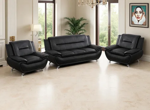 Miniatura 21 de Juego de sofá de cuero (3 piezas, cuero negro B), muebles de sala de estar para apartamento, material de estilo minimalista, fácil montaje B-cuero