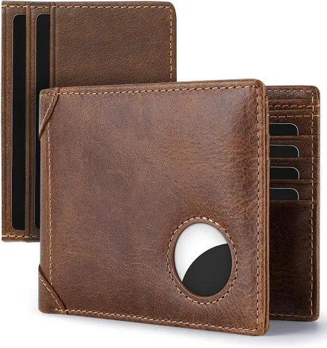 Miniatura 34 de Swallowmall AirTag Billetera para hombre con bloqueo RFID, de piel auténtica, plegable, para AirTag con 1 ventana de identificación, 13 tarjeteros