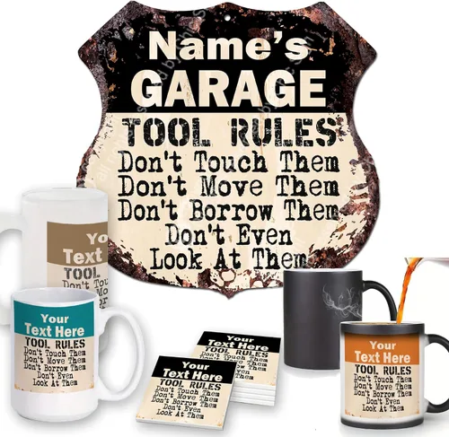 Name's Garage Tool Rules - Letrero personalizado, rústico, vintage, retro, de 11.5 x 11.5 pulgadas, escudo de metal, placa de metal, decoración de