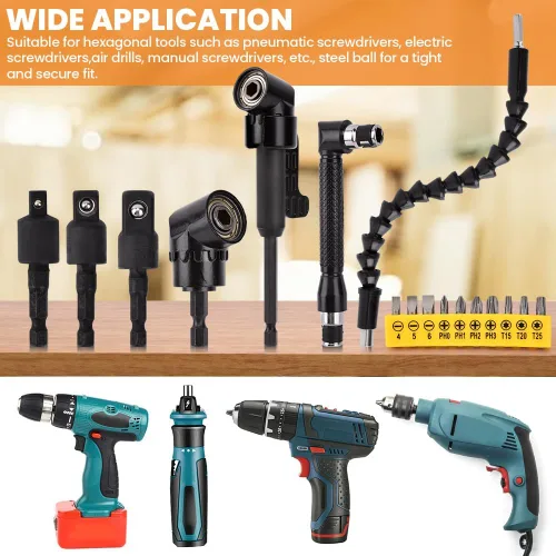 Miniatura 8 de 17 extensiones de broca flexible, con 3 adaptadores de enchufe giratorios, 2 accesorios de taladro hexagonal de 105° en ángulo recto, 10 puntas