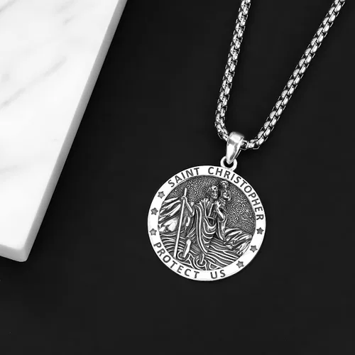 Miniatura 203 de Odinstone Collar de plata de ley 925 con medalla de San Miguel/San Cristóbal/San Benito/Crucifijo de Jesús/San Uriel/Arcángel Rafael para hombres