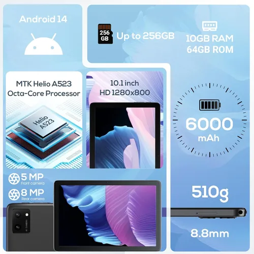 Miniatura 2 de Tablet Android 2025, tabletas Android 14 de 10.1 pulgadas con Octa-Core, 10GB+64GB, batería de 6000mAh, cámara de 5MP+8MP, pantalla IPS HD de 800 x