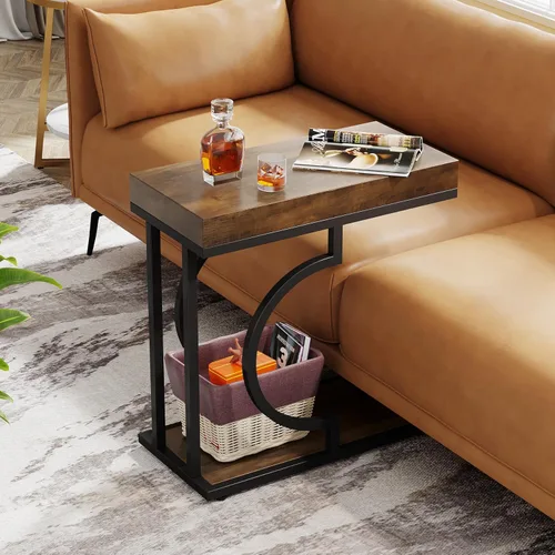 Miniatura 6 de Tribesigns Mesa auxiliar estrecha para sofá, mesa auxiliar en forma de C con marco de metal, mesas de noche modernas, mesas de sofá pequeñas