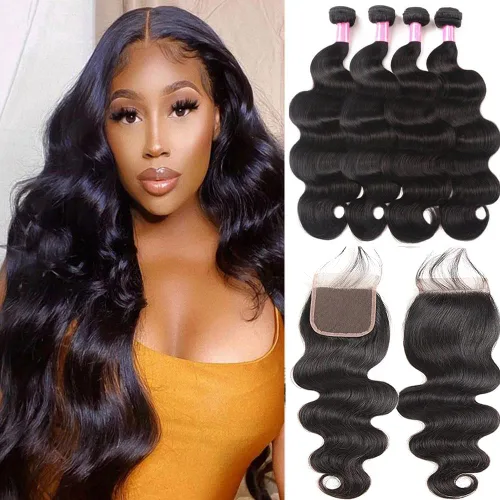 Miniatura 13 de Paquetes de Ondas Corporales con Cierre para Mujeres Negras (10 12 14+10) 100% Cabello Humano Brasileño de Ondas Corporales Sin Procesar 3 Paquetes