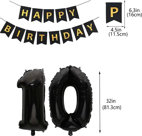 Miniatura 4 de Decoraciones de cumpleaños número 10 para niños, decoración negra de papel de aluminio de doble dígito, pancarta negra número 10 con globos