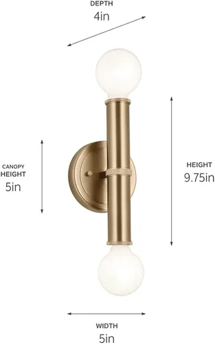 Miniatura 3 de Kichler Lámpara de pared con 2 luces, luz moderna en bronce champán, clasificación húmeda, montaje horizontal o vertical, para entrada, chimenea
