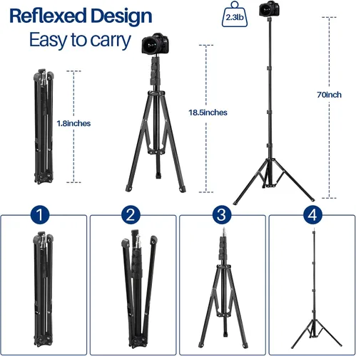 Miniatura 2 de WELLMAKING Soporte de luz, soporte de luz LED de 72 pulgadas, trípode de luz plegable inversa, 2 piezas estándar de 1/4 a 3/8 pulgadas, convertidor