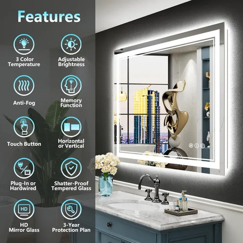 Miniatura 2 de 30x36 Espejo de baño LED con luces, retroiluminado y luz frontal, espejo de tocador iluminado antivaho para pared de baño, 3 colores, regulable