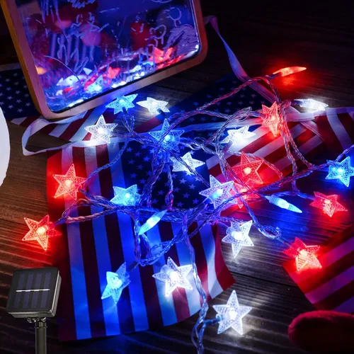 Luces solares rojas, blancas y azules, 4 de julio, tira de luces de estrella decorativa con 100 luces LED solares de jardín, 51 pies, impermeables,