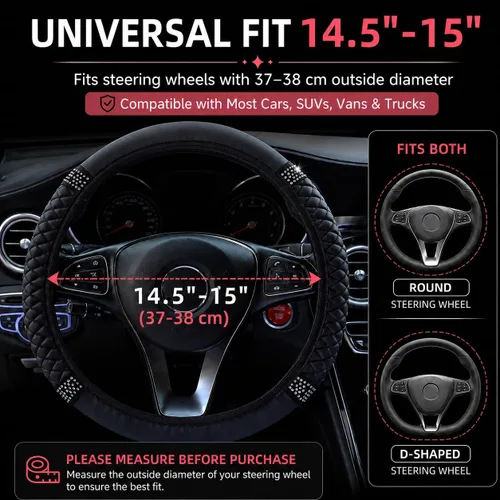 Miniatura 5 de Funda para volante de cuero suave brillante de 15 pulgadas con diamantes de imitación con brillos para mujeres y niñas – Accesorio elástico