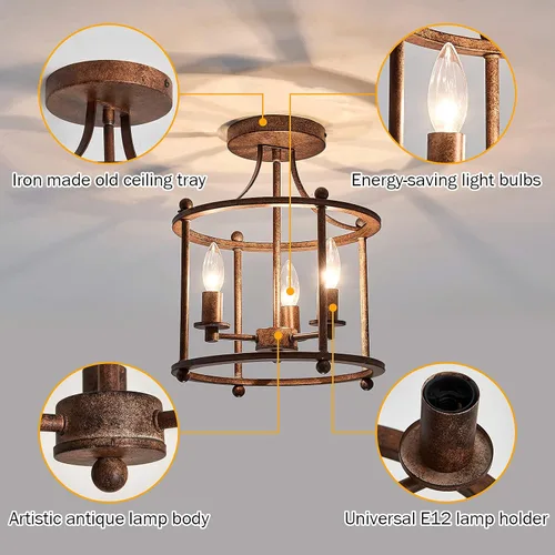 Miniatura 4 de UOFUS - Lámpara de techo de 3 luces estilo granja vintage, semiempotrada, en bronce rústico metálico, para isla, sala de estar, dormitorio, cocina