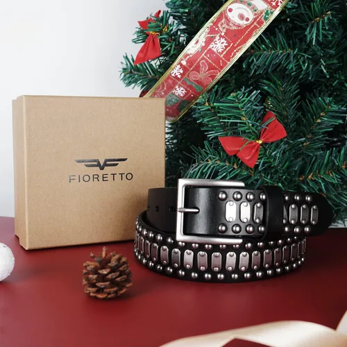 Miniatura 7 de FIORETTO - Cinturones de piel de vacuno italianos con tachuelas para hombre con hebilla para hombre color negro