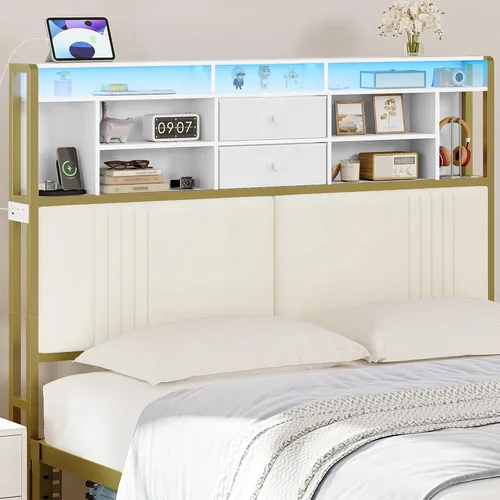 Miniatura 10 de Hzuaneri Cabecera con estantes de almacenamiento de 3 niveles, cabecera tapizada de terciopelo con tomacorriente, 2 puertos USB y luz LED, cabeceros