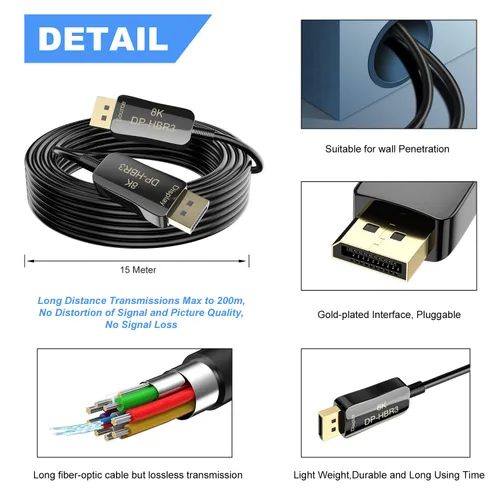 Miniatura 4 de Cable DisplayPort de fibra 8K 4K DP 1.4 HBR3 8K@60Hz 4K @144Hz de alta velocidad 32.4Gbps de fibra óptica delgado y flexible DP a DP Cable 49.2 ft