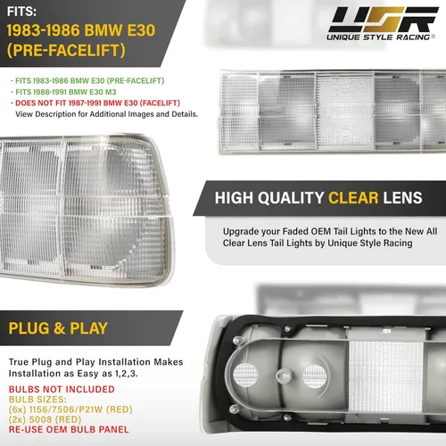 Miniatura 3 de USR Pre Face 84-86 E30 EURO OE Style Lente Clara Esmerilada Luz Trasera Set de Lámpara Trasera (Izquierda + Derecha) Compatible con 1984-1986 BMW